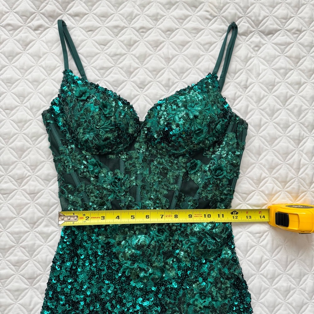STACEES Dark Green Floral Sheer Corset Sequin Mini Spaghetti Strap Dress Sz 2 - Picture 6 of 16